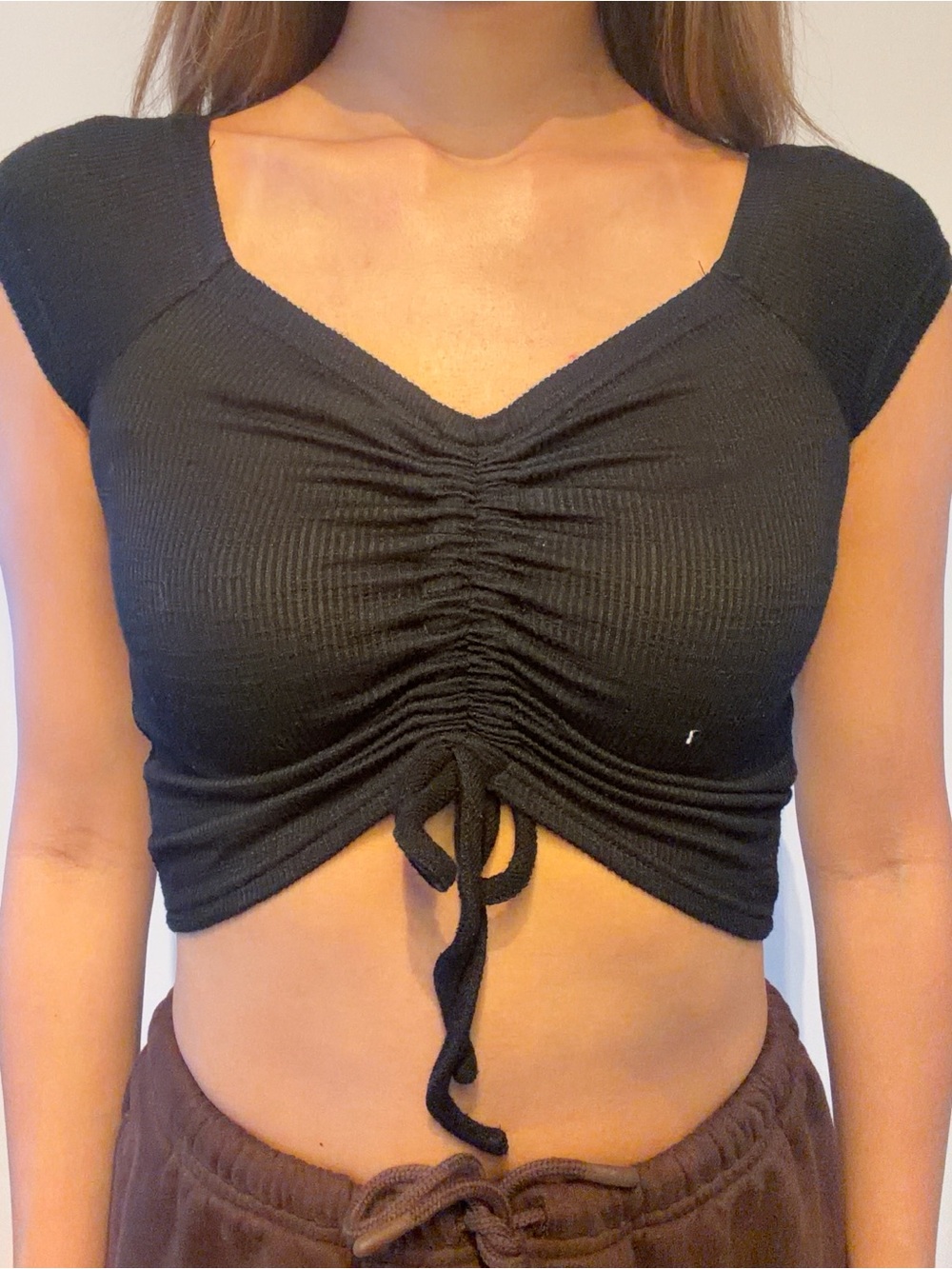 Black Ruched Tie-Front Crop Top